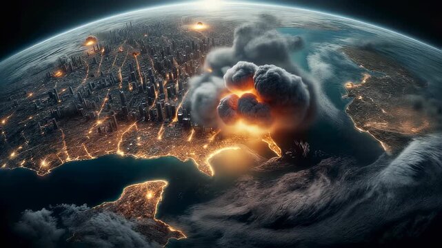 Nuclear missile global explosion sequence showing destruction of cities on earth planet from space footage.