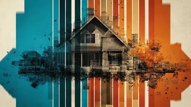 Suburban house undergoing deconstruction and colorful soundwave effect