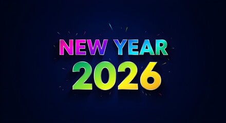 vibrant and colorful new year 2026 text, digital art, bold typography, minimalist design, dramatic lighting, deep blue background
