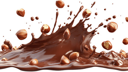 Chocolate splash with hazelnuts isolated on a transparent background 