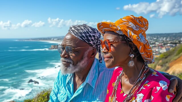 An elderly couple smiles warmly, overlooking a breathtaking ocean view from a cliffside. The image captures love, serenity, and life’s simple pleasures.  elder people activity concept.