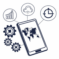 Digital technology concept with smartphone displaying world map connected to cloud and growth icons