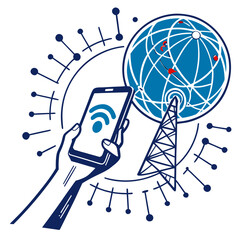 Hand holding smartphone with wi fi signal connecting to global network via cell tower and satellite