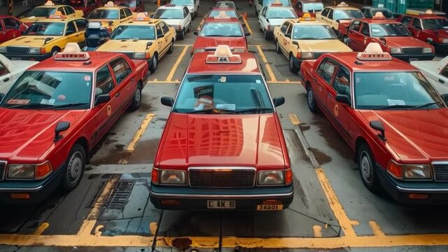 A row of red taxis in a parking lot, viewed from above, some of the cars with yellow accents. Useful for articles about city transport, taxi service advertisements, illustrations for news stories abou