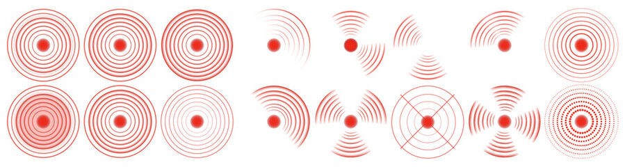 Vector red circle pain icons. Medical localization of ache, inflammation, headache, body injury, sore spot, muscle or joint pain. Isolated radar-style concentric red marks on transparent background.