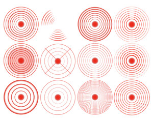 Vector red target icons for pain localization. Medical symbols showing sore spots, headache, migraine, muscle ache, inflammation, chronic pain, trauma, injury and health diagnostics.