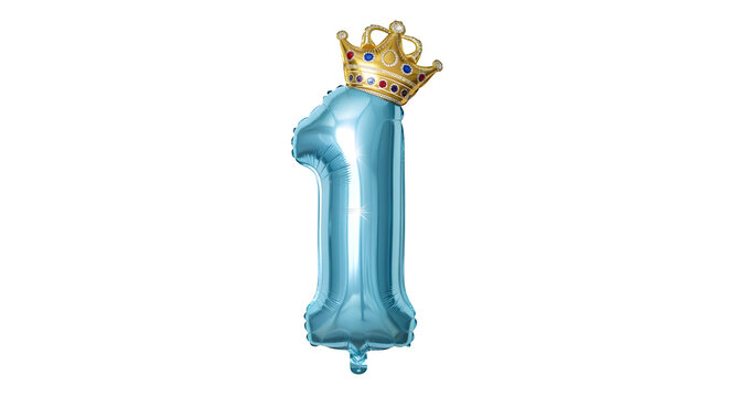 A festive blue number 1 balloon crowned with a golden tiara, perfect for a baby's first birthday celebration.