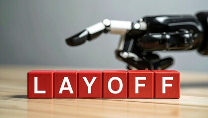 A robotic hand pointing towards the word LAYOFF displayed on red blocks, symbolizing job losses and technological impact