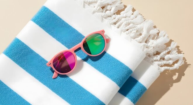 Pink sunglasses resting on a blue and white striped beach towel, perfect for a summer vacation or poolside relaxation - Powered by Adobe