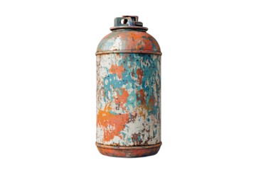 Heavily worn spray can with paint buildup isolated on transparent background