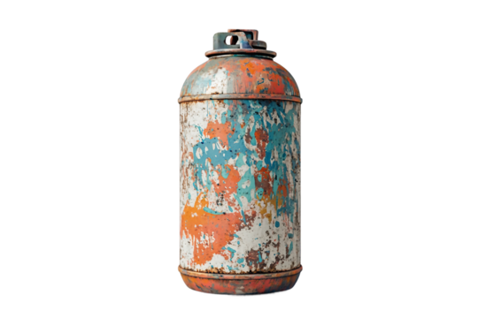 Heavily worn spray can with paint buildup isolated on transparent background