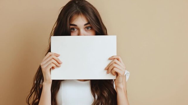 A young woman holds a blank sign in front of her face, ready to express herself