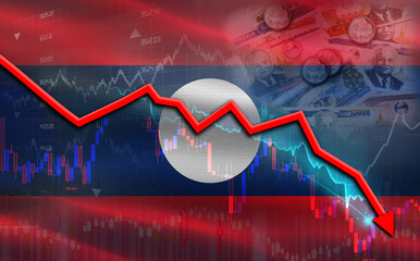 Laos financial fall on economy market. Laos financial crisis on economic graph