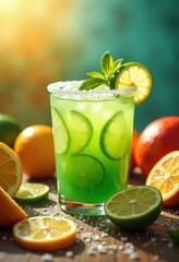 Fototapeta premium fruit, juice, drink, orange, food, fresh, glass, lemon, healthy, cocktail, apple, citrus, fruits, sweet, isolated, white, beverage, green, tea, juicy, cold, diet, refreshment, lime, summer