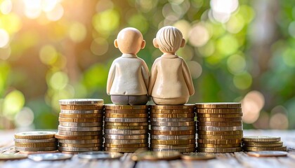 A couple of figurines sitting on top of stacks of coins, symbolizing retirement and financial planning. The scene is illuminated with sunlight
