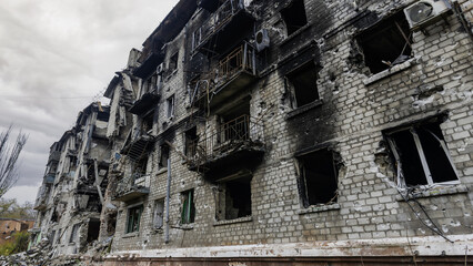 ruined street and destroyed houses the city Kiev war in Ukraine