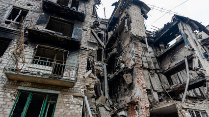 ruined street and destroyed houses the city Kiev war in Ukraine