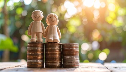 A charming scene of two small figures standing atop stacked coins, representing financial security and planning