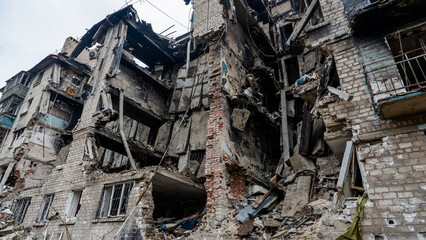 ruined street and destroyed houses the city Kiev war in Ukraine