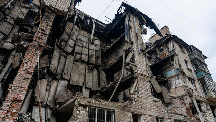 ruined street and destroyed houses the city Kiev war in Ukraine