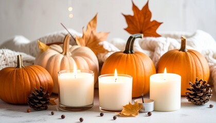 Cozy autumn scene featuring pumpkins and candles, evokes warmth and the spirit of the season. The soft glow from the candles illuminates the pumpkins and creates a sense of comfort