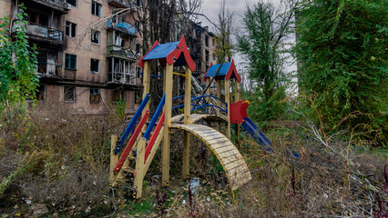 ruined street and destroyed houses the city Kiev war in Ukraine