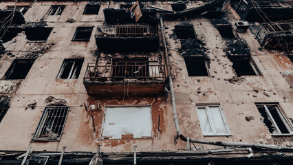 ruined street and destroyed houses the city Kiev war in Ukraine
