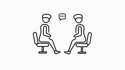 A minimalist line icon depicting two people sitting on chairs facing each other, with a speech bubble containing dots between them, on a white background. High quality image with transparent backgr...