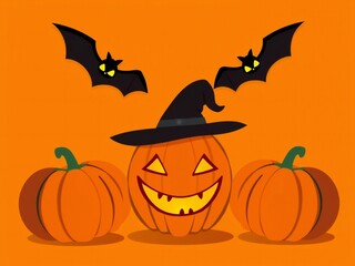 Spooky halloween pumpkin with witch hat and bats on orange background