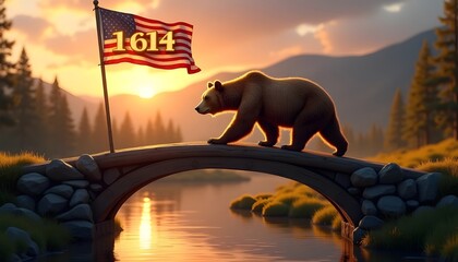 Majestic brown bear on stone bridge with American flag at scenic sunset