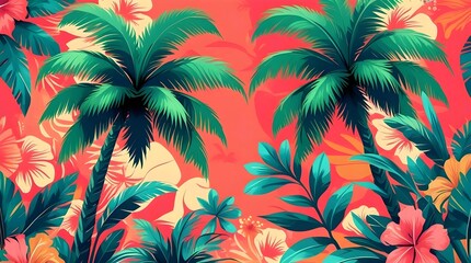 Tropical summer vacation background with a variety of palm trees and leaves against a beautiful sky