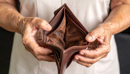 Hands holding an empty wallet, symbolizing financial hardship and lack of money