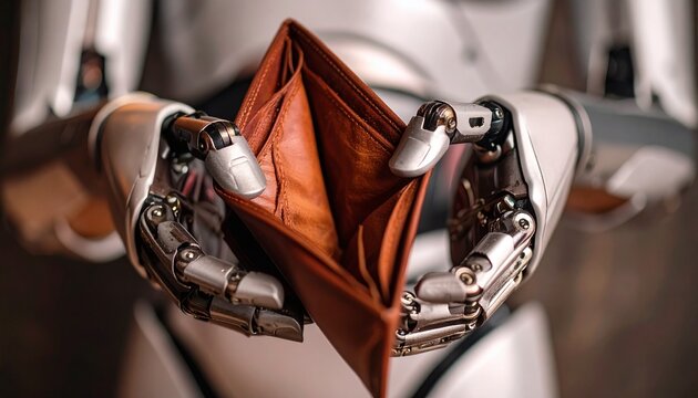 An artificial intelligence robot hand holding an empty wallet, symbolizing the concept of financial emptiness