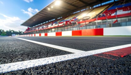 A close-up shot of a race track with clear lanes and the grandstand in the background. The scene captures the essence of speed, competition, and the thrill of racing.
