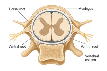 Spinal Cord Anatomy Illustration: Showing Dorsal and Ventral Roots, Meninges, Vertebral Column. Illustration
