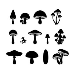 Whimsical Mushroom Assortment A Black and White Vector Silhouette Collection of Fungi for Nature Inspired Designs