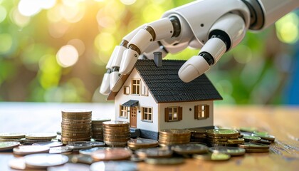 Robotic hand with a miniature house placed on top of a pile of coins, symbolizing concept of home finance