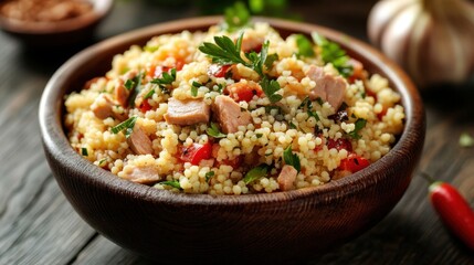 Delicious couscous salad with tuna and fresh vegetables on rustic table
