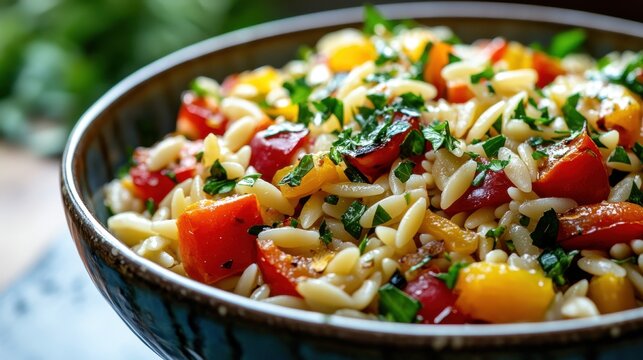 Fresh mediterranean orzo salad with colorful bell peppers and herbs for summer dining