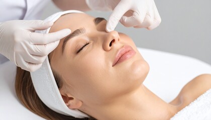 A person undergoing a facial procedure at a spa. The person is lying down on a white surface, and the hands of another person wearing gloves are gently touching their face