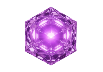 A radiant, multifaceted purple gem, sharply cut and illuminated from within, glows against a black backdrop.