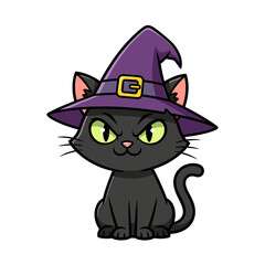 A cartoon black cat with a purple witch hat and a slightly grumpy expression.