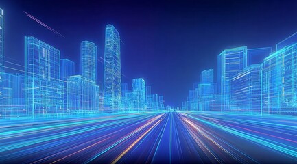 Futuristic Cityscape with Neon Lights and High-Speed Data Streams