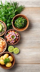 Fresh ingredients arranged in wooden bowls, including shrimp, potatoes, herbs, and lime, on a rustic wooden table, showcasing vibrant colors and textures for culinary inspiration