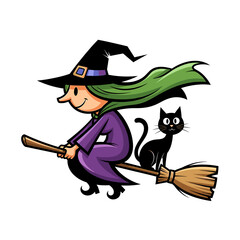 Cartoon witch with green hair and a black cat riding a broomstick.