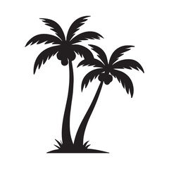 Two silhouette palm trees with coconuts against a tropical scene silhouette