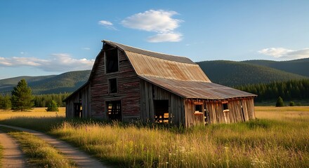 Fototapeta premium Rustic Barn with Mountain Meadow Sunset. (1)