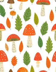 Autumnal mushroom and leaf pattern