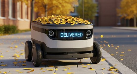 Photo of autonomous delivery robot covered in autumn leaves on a sidewalk, displaying delivered on its screen, symbolizing modern logistics and efficient package transport in a fall setting
