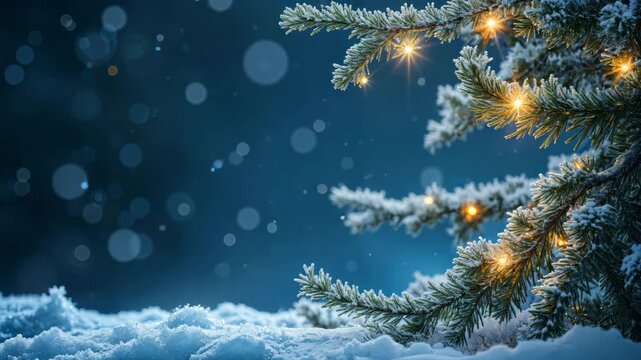 Frosted pine tree branches with sparkling lights, snow ground, and falling snowflakes. Winter night scene with Christmas tree for holiday.
